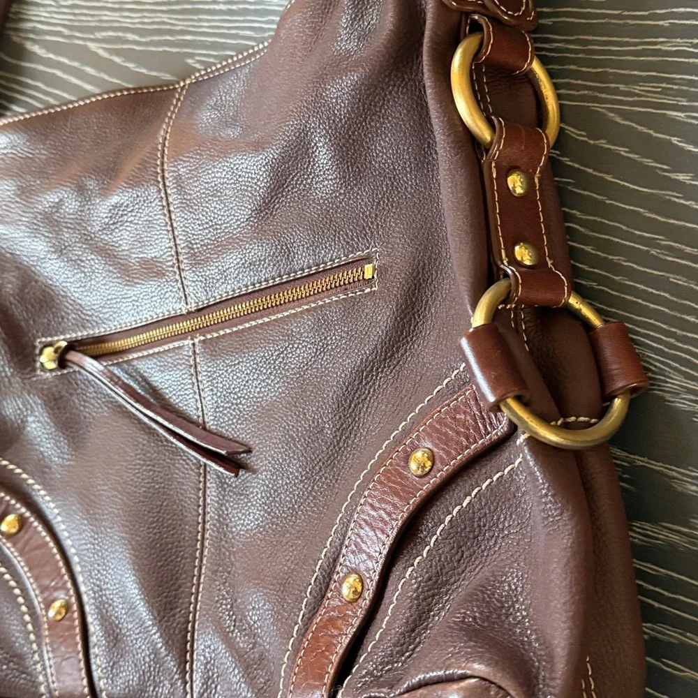 LUCE Chocolate Brown Hobo Slouch Genuine Leather Purse Gold Hardware - Picture 4 of 15